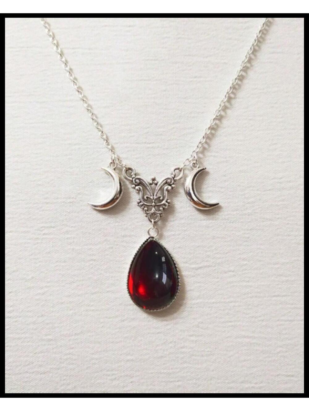 Red bohemian style moon goddess - Necklace - Silver - CZs - 18"